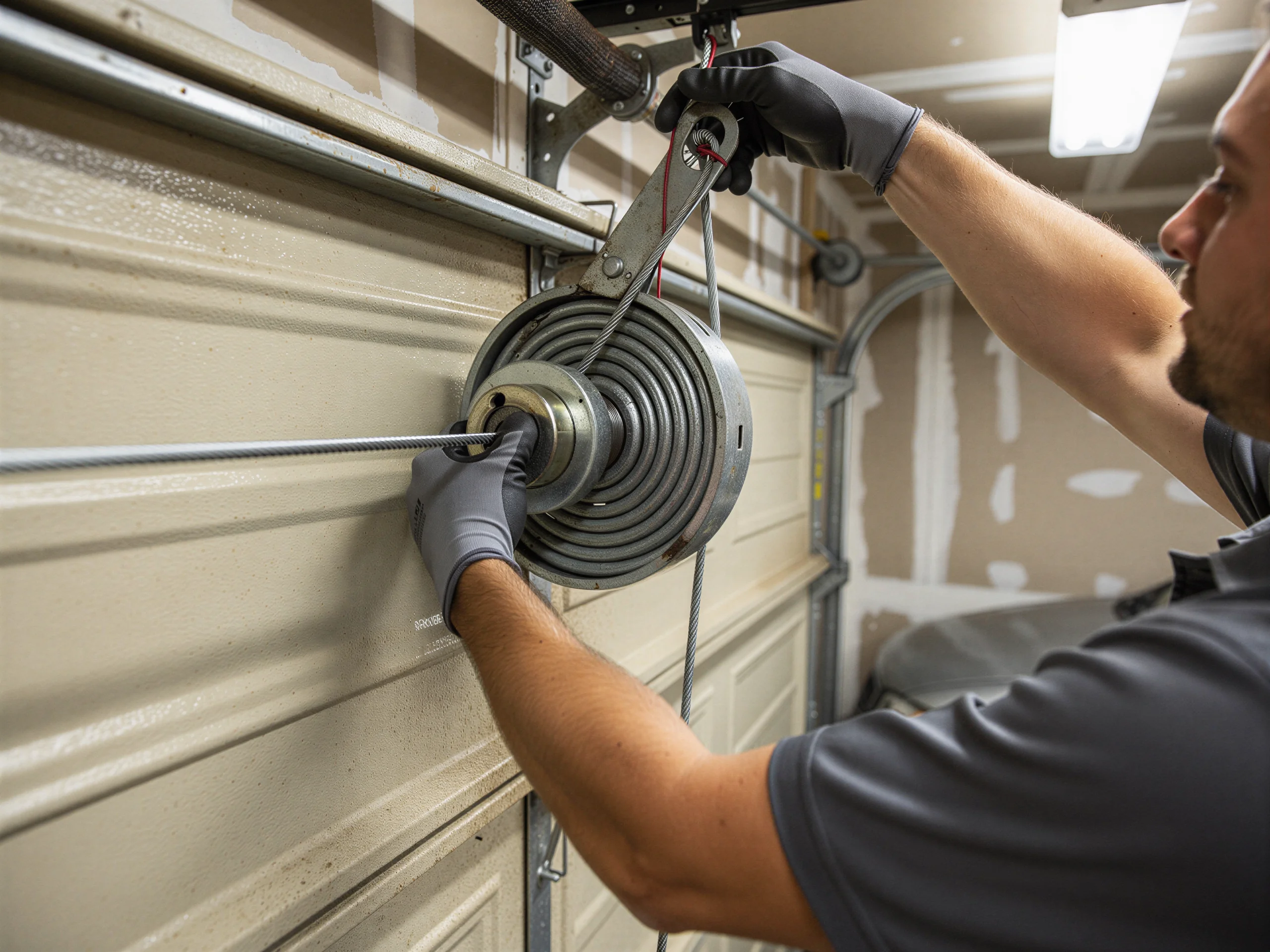 A technician in gloves adjusts a garage door torsion spring and cable.