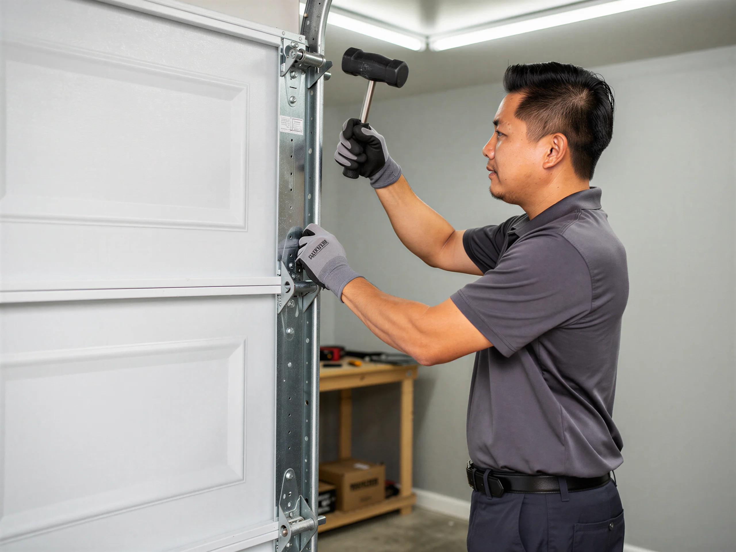 A technician in gloves uses a hammer on a white garage door.