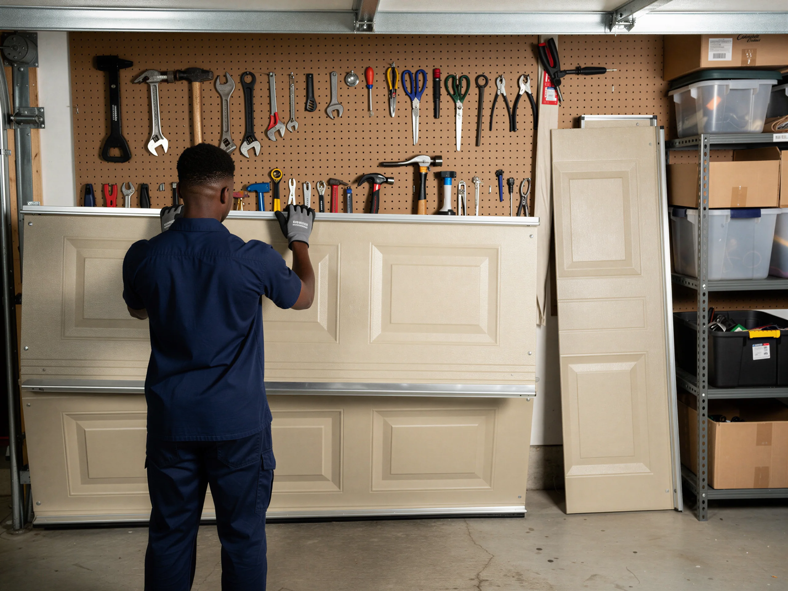 A technician in a blue uniform is working on tan garage door panels.