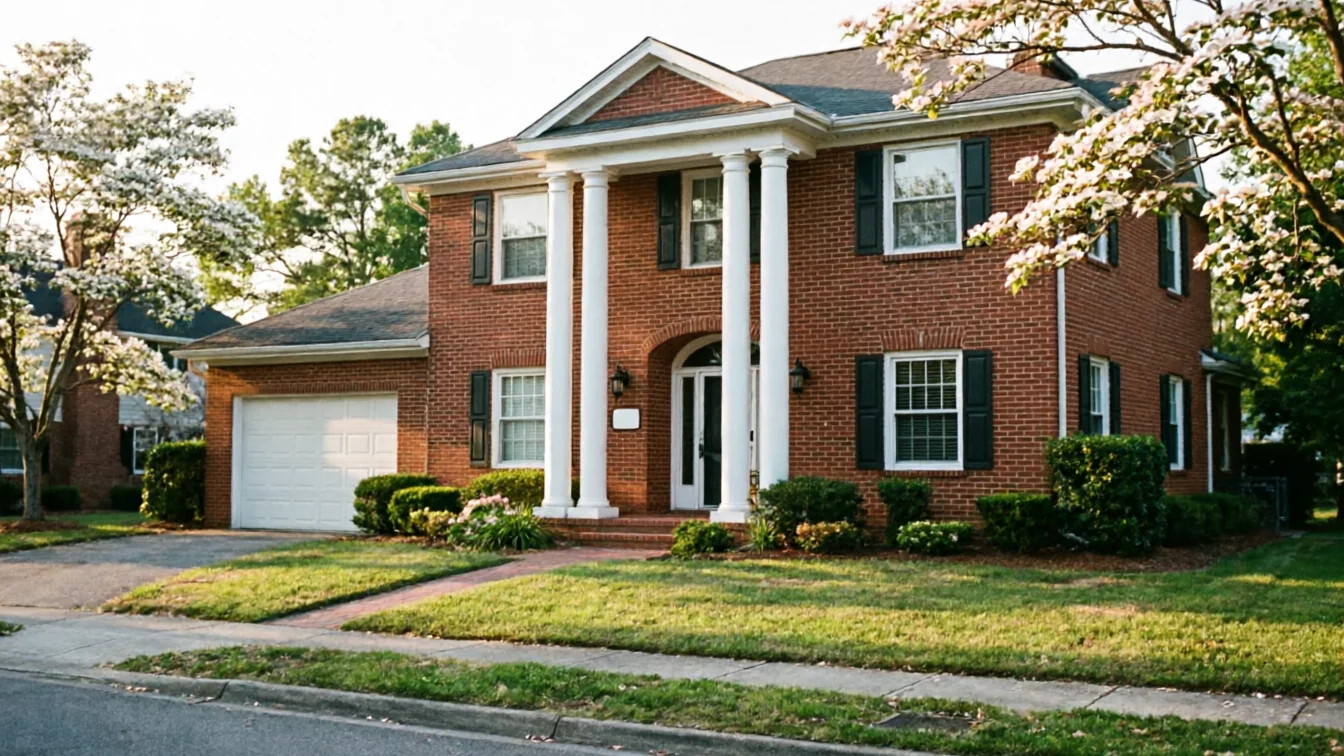 A red brick house has a white garage door and white columns.